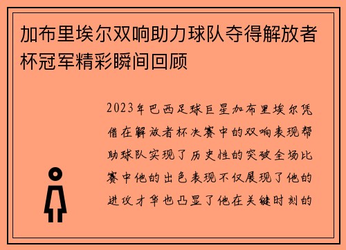 加布里埃尔双响助力球队夺得解放者杯冠军精彩瞬间回顾
